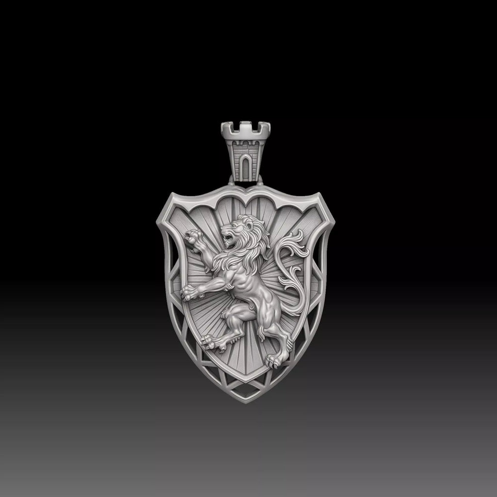 Lion Shield Castle Pendant | 999 Fine Silver 25mm | Handmade USA