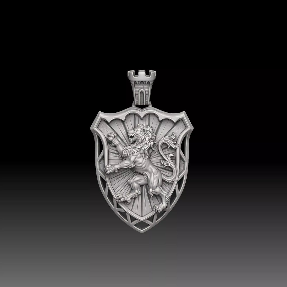 Lion Shield Castle Pendant | 999 Fine Silver 25mm | Handmade USA