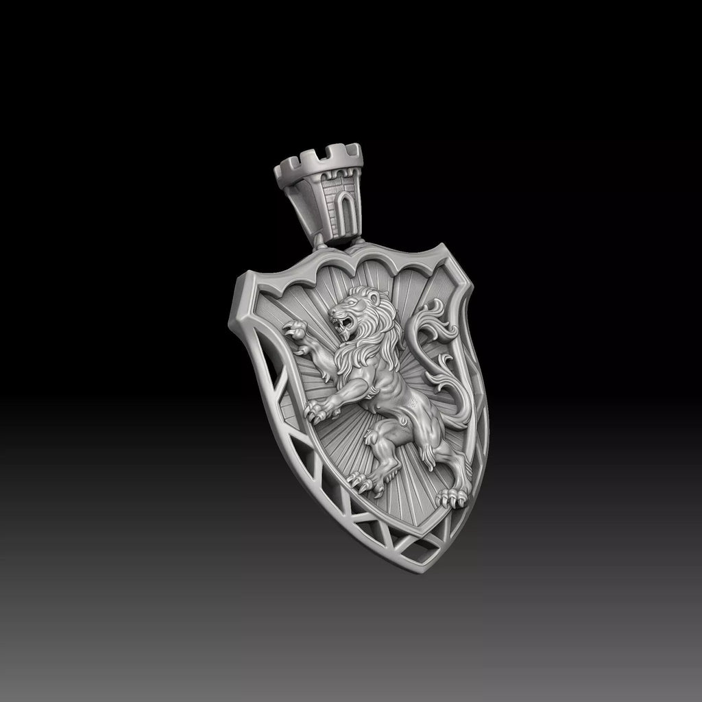 Lion Shield Castle Pendant | 999 Fine Silver 25mm | Handmade USA