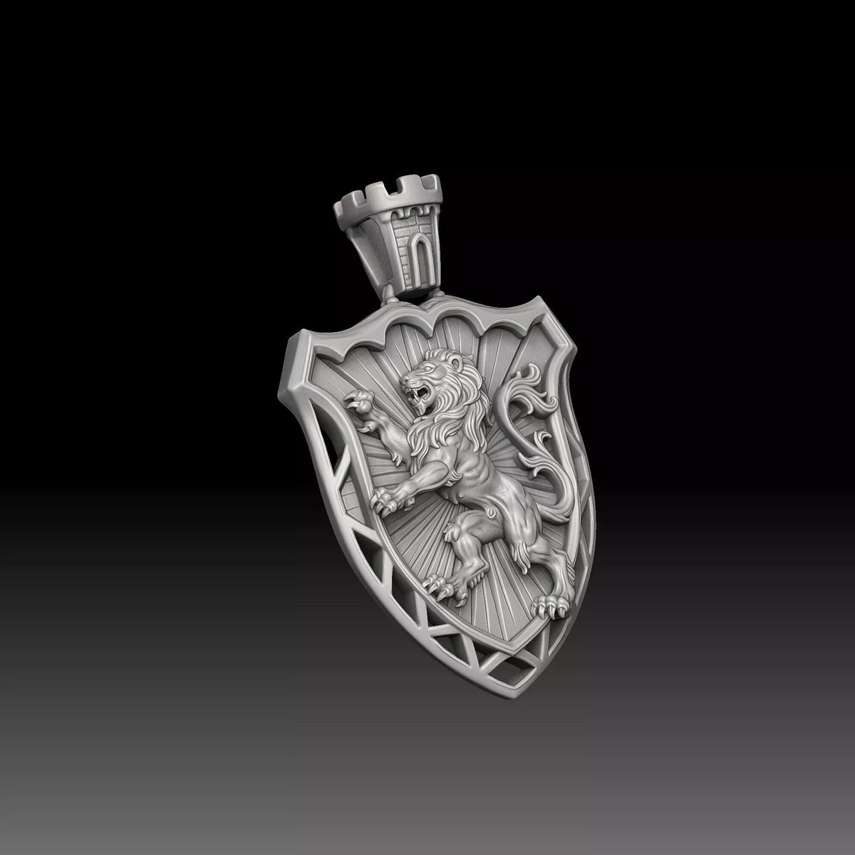 Lion Shield Castle Pendant | 999 Fine Silver 25mm | Handmade USA