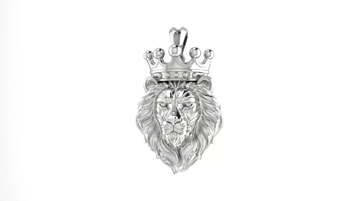 Lion with King's Crown Pendant | 999 Fine Silver 29mm | Handmade USA