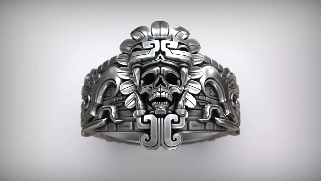 Aztec Skull Warrior Ring | 999 Fine Silver | Handmade USA
