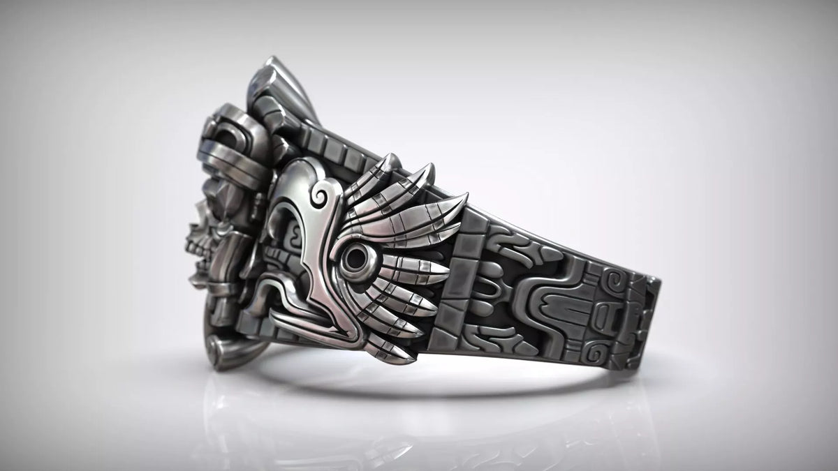 Aztec Skull Warrior Ring | 999 Fine Silver | Handmade USA