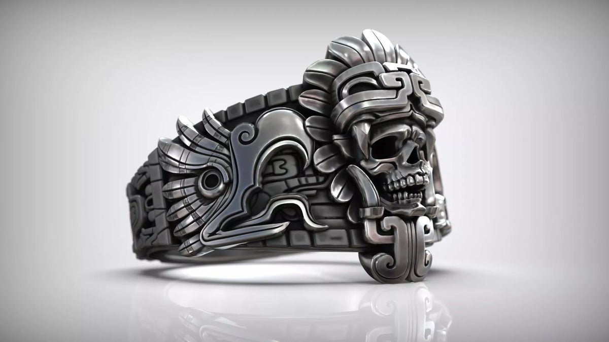 Aztec Skull Warrior Ring | 999 Fine Silver | Handmade USA
