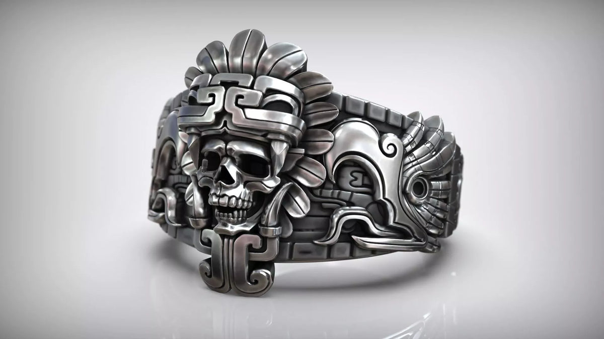 Aztec Skull Warrior Ring | 999 Fine Silver | Handmade USA
