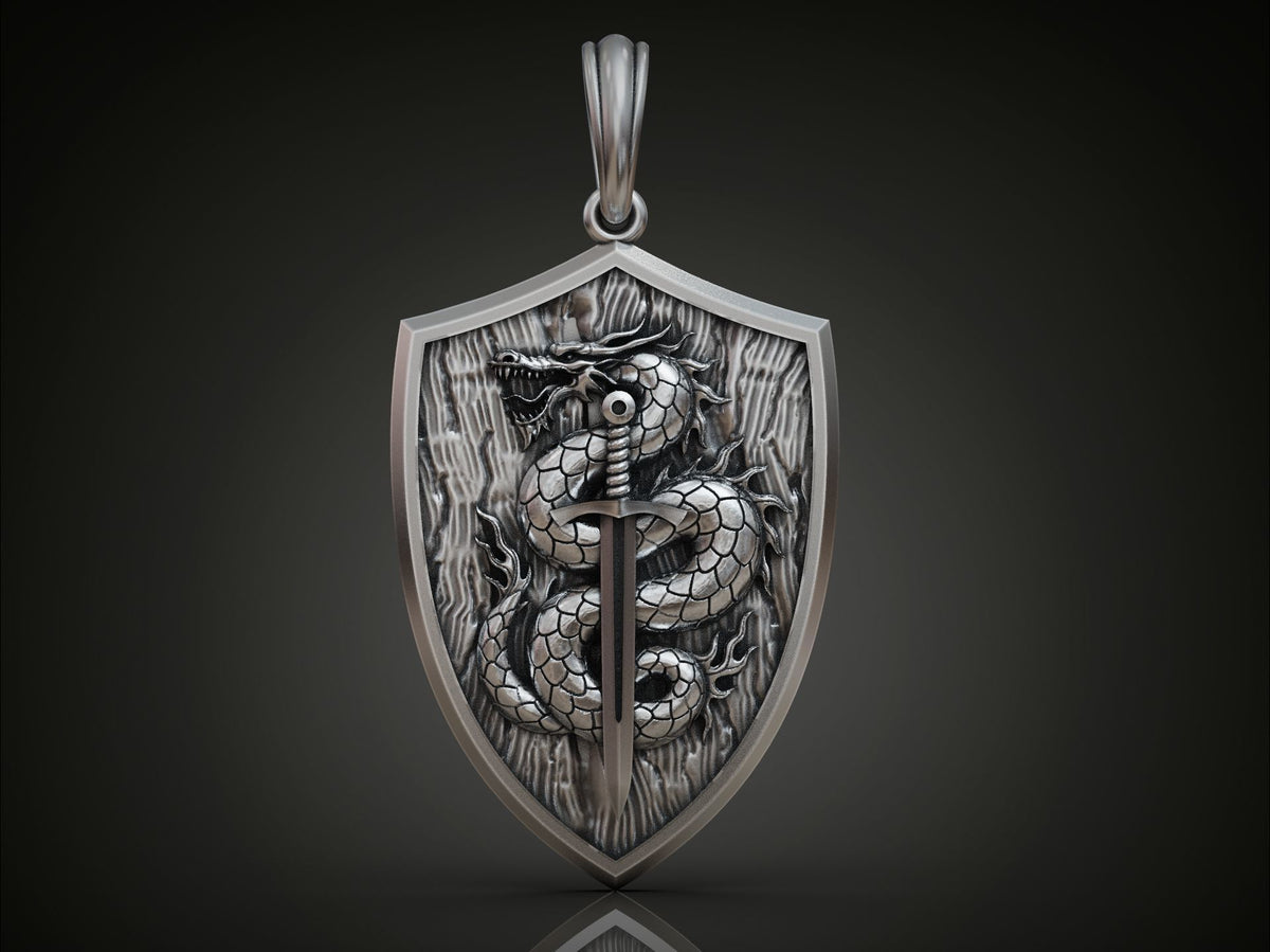 Dragon Shield & Sword Pendant | 999 Fine Silver 36mm | Handmade USA