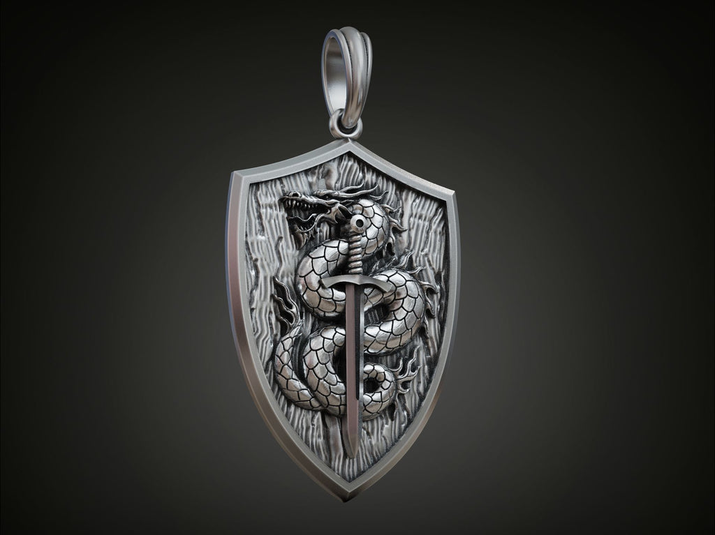 Dragon Shield & Sword Pendant | 999 Fine Silver 36mm | Handmade USA
