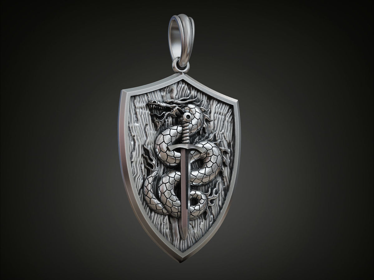 Dragon Shield & Sword Pendant | 999 Fine Silver 36mm | Handmade USA