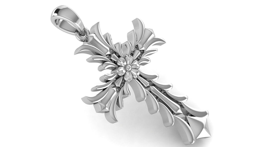 Ornate Flower Cross Pendant | 999 Fine Silver 30mm | Handmade USA