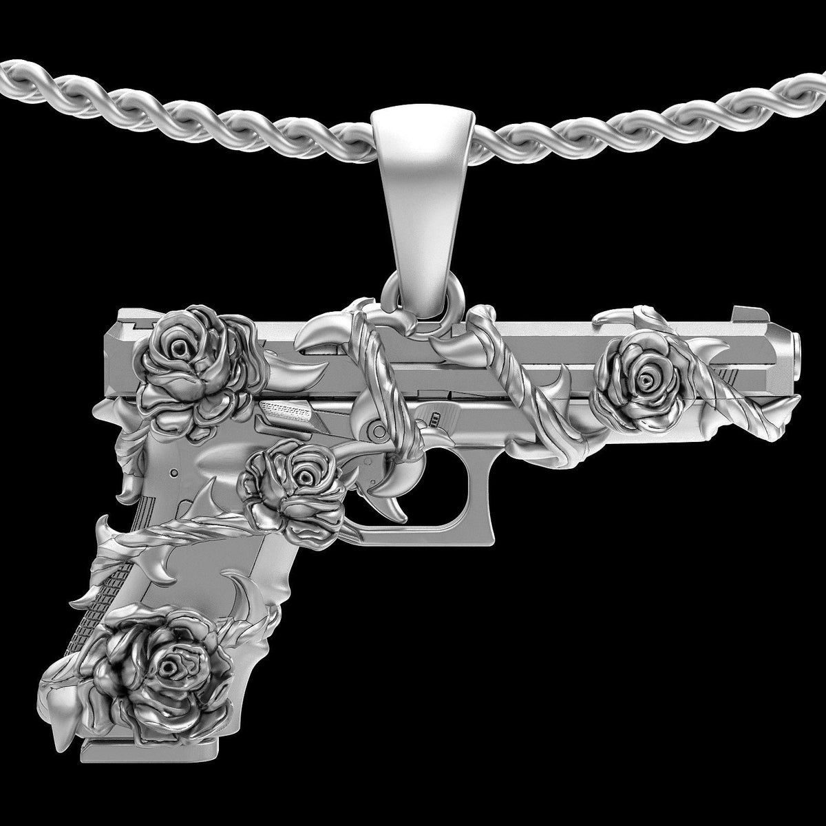 Pistol with Rose & Vine Pendant | 999 Fine Silver 31mm | Handmade USA