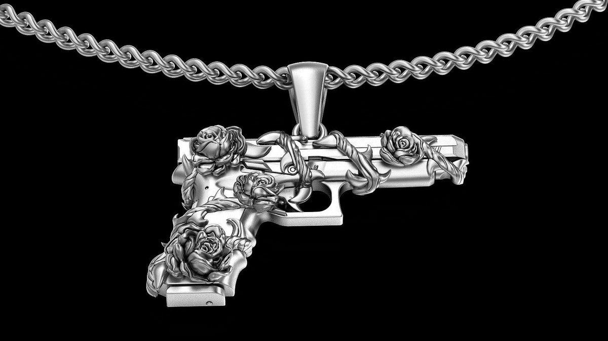 Pistol with Rose & Vine Pendant | 999 Fine Silver 31mm | Handmade USA