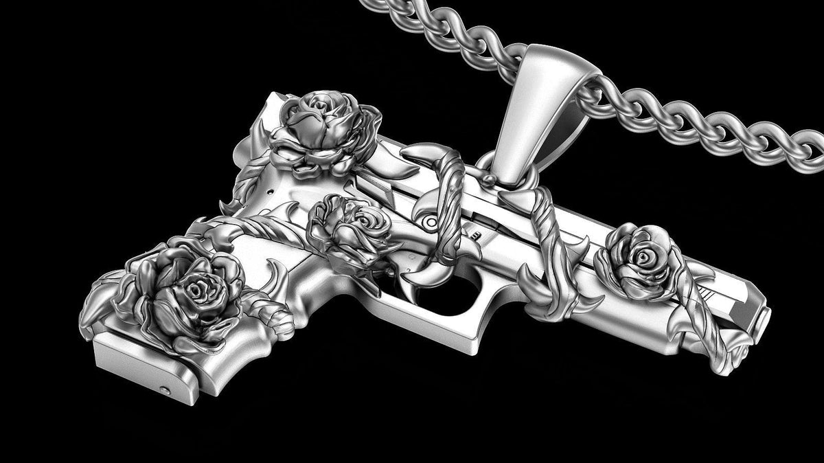 Pistol with Rose & Vine Pendant | 999 Fine Silver 31mm | Handmade USA