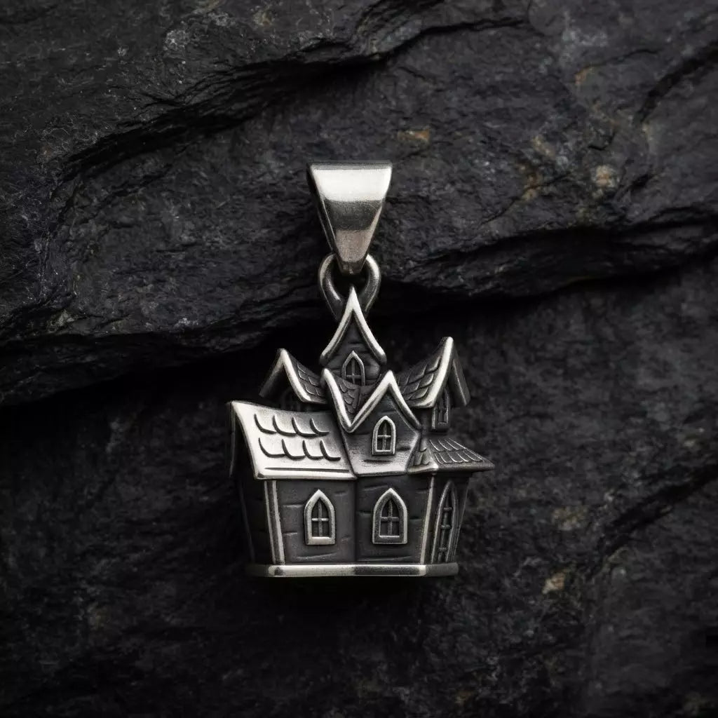 Halloween Haunted House Pendant | 999 Fine Silver 20mm | Handmade USA