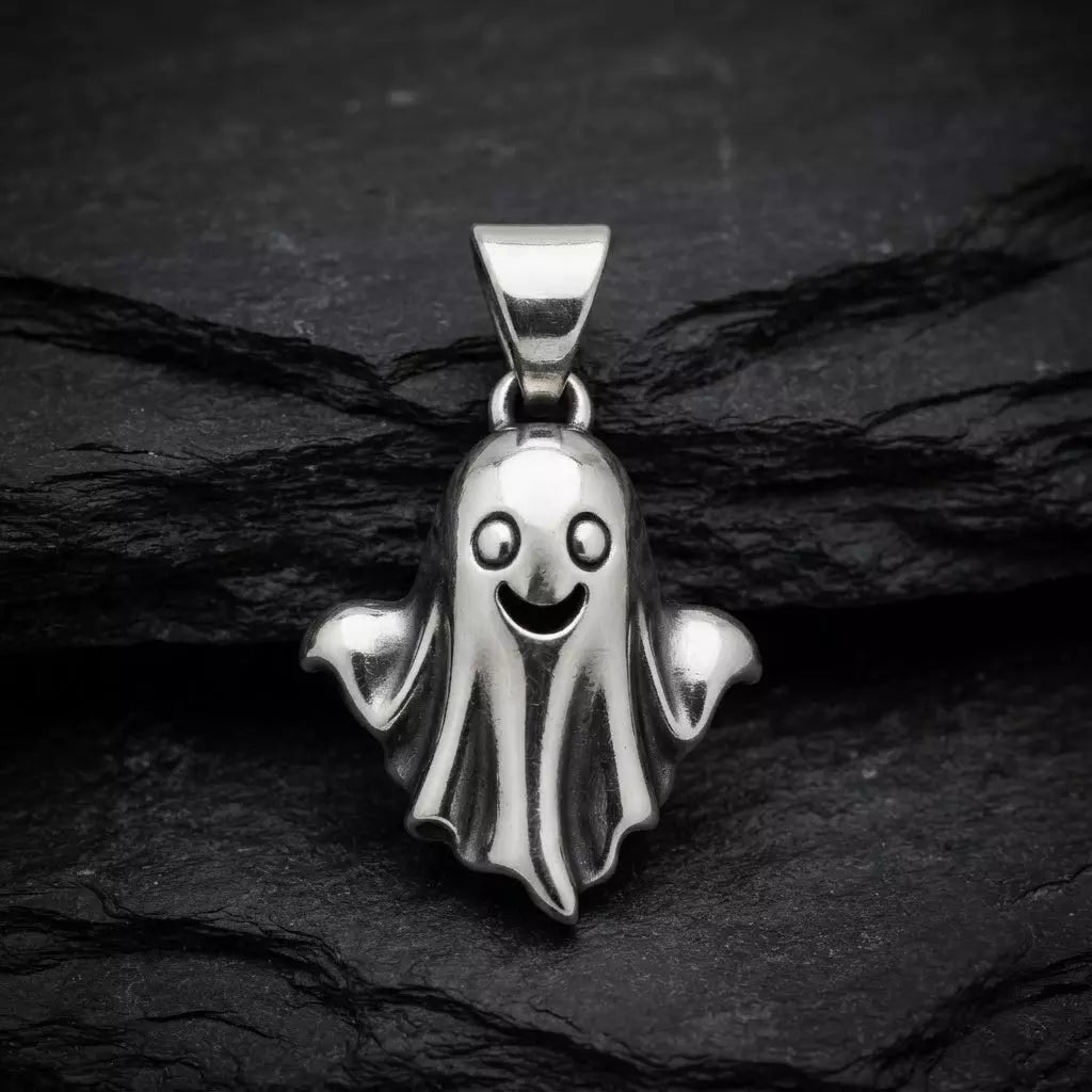 Cute Spooky Ghost Pendant | 999 Fine Silver 21mm | Handmade USA