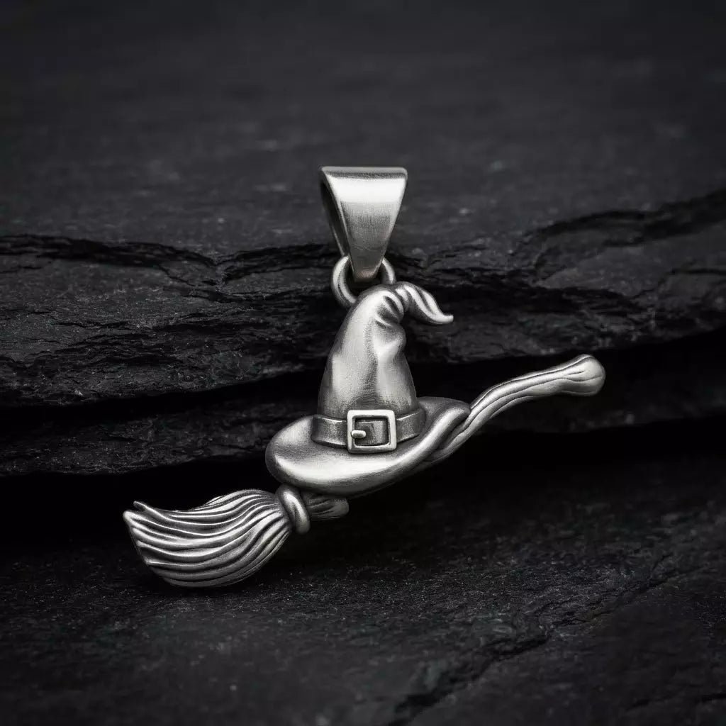 Halloween Witch Broom Pendant | 999 Fine Silver 32mm | Handmade USA