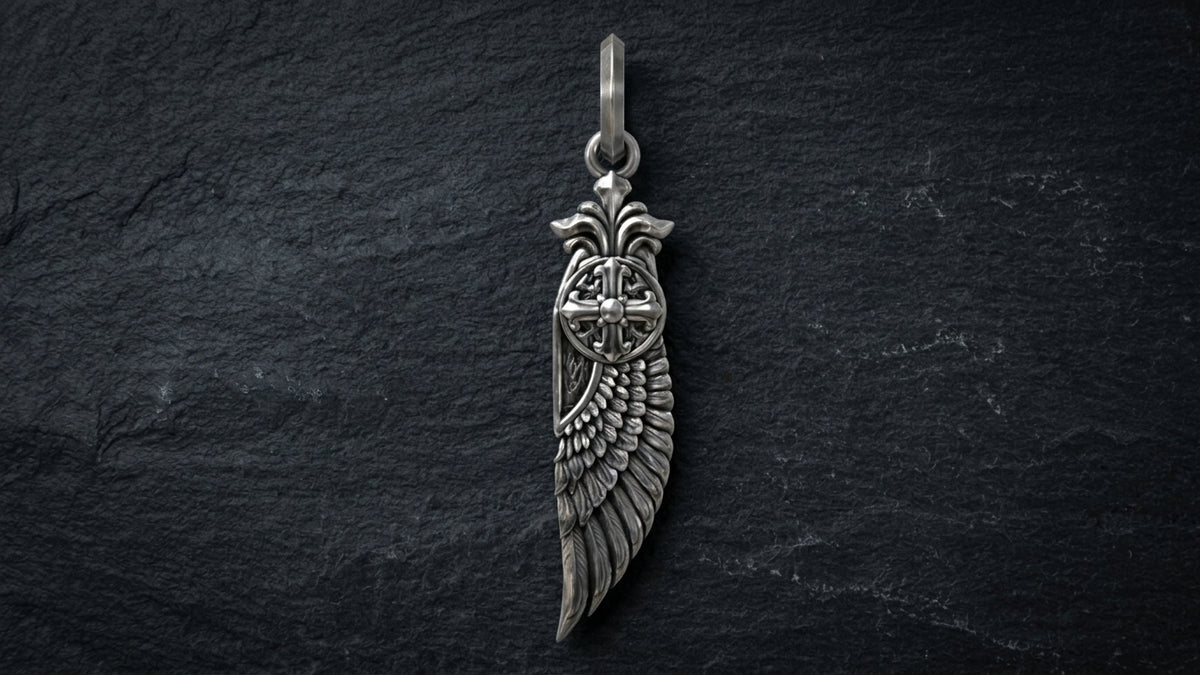 Archangel Wing & Shield Pendant – 999 Fine Silver
