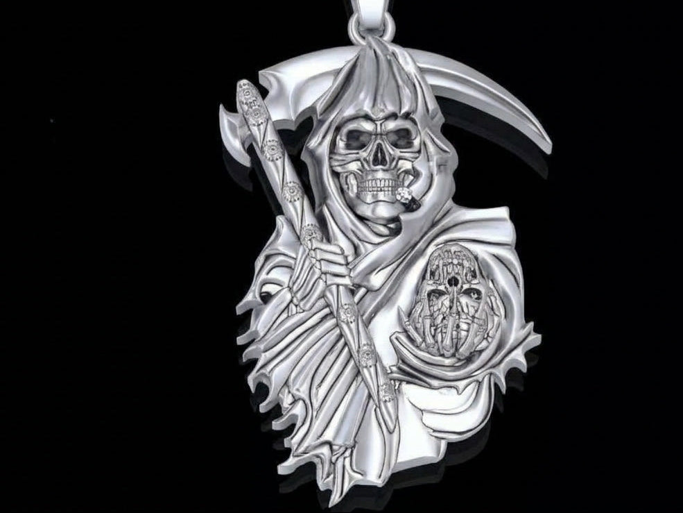 Grim Reaper Pendant with Scythe & Skull | 999 Fine Silver