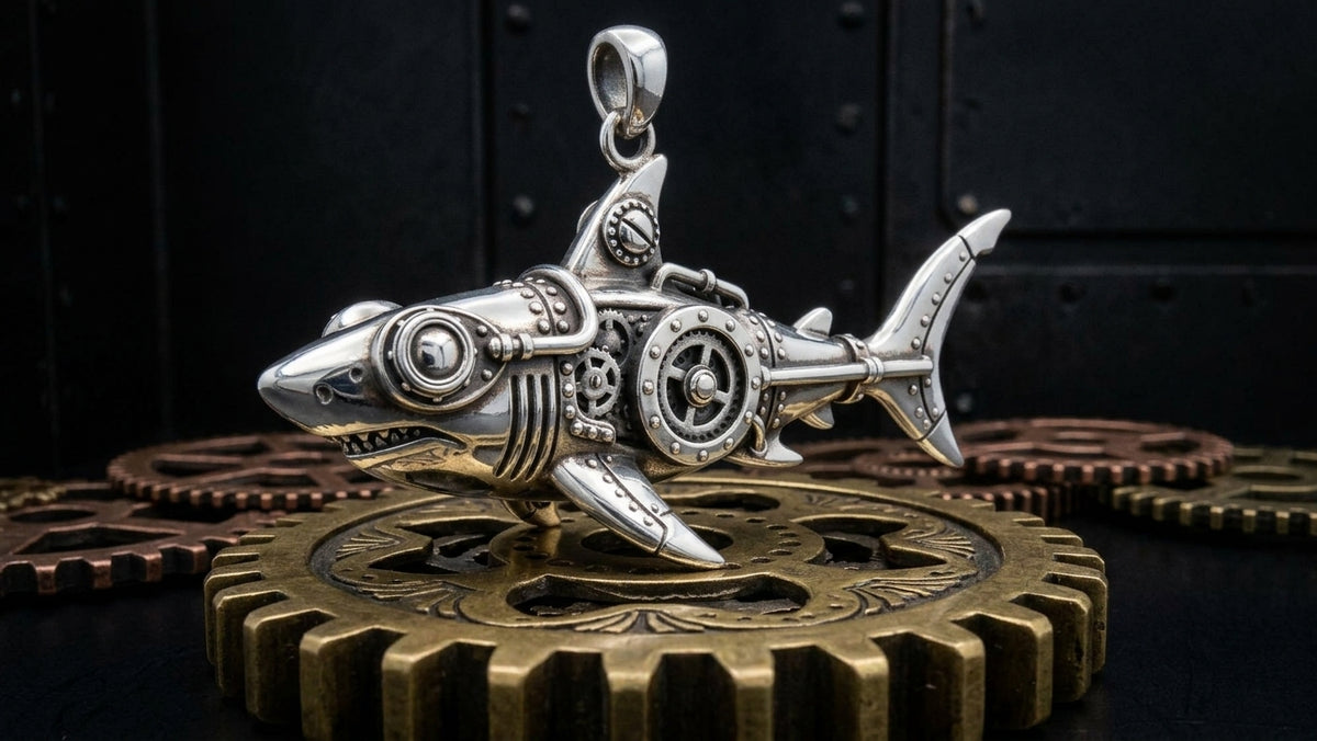 Steampunk Great White Shark Pendant in 999 Fine Silver