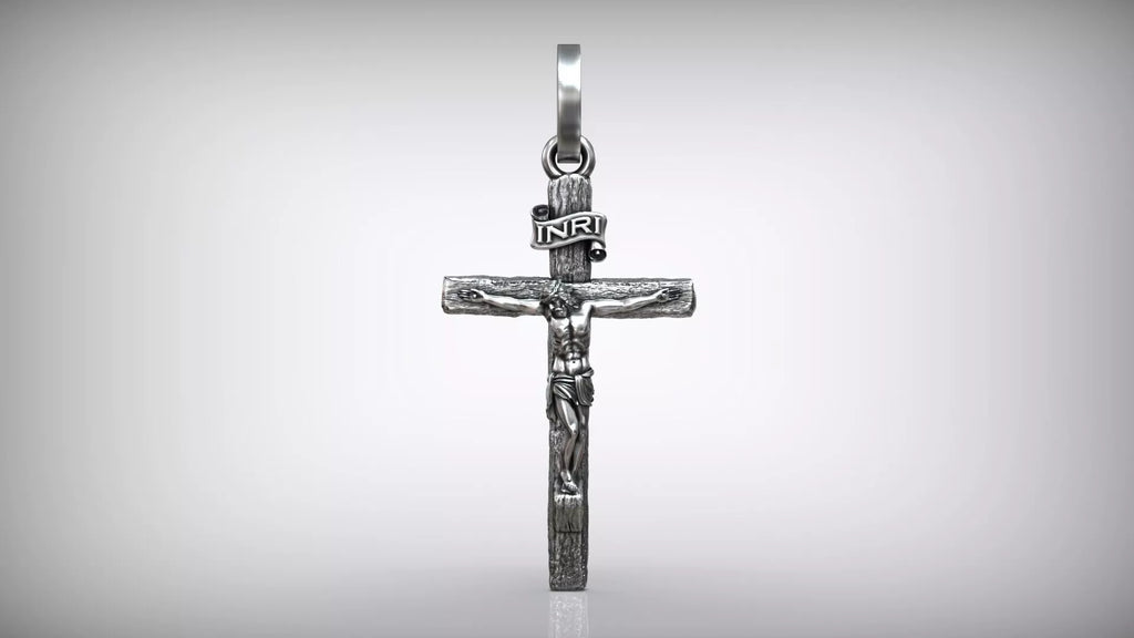 Jesus Crucifix Pendant | 999 Fine Silver 42mm Rustic Wood Style | Handmade USA