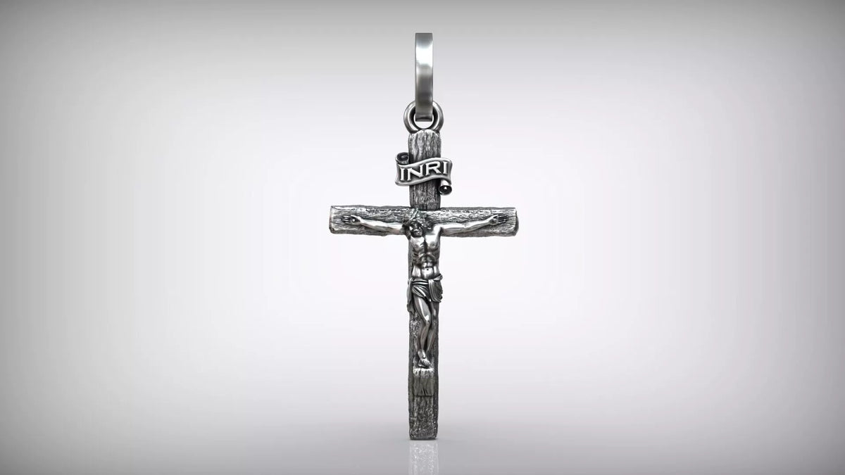 Jesus Crucifix Pendant | 999 Fine Silver 42mm Rustic Wood Style | Handmade USA