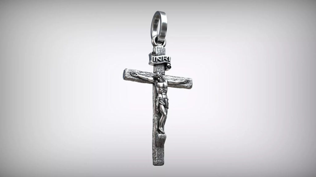 Jesus Crucifix Pendant | 999 Fine Silver 42mm Rustic Wood Style | Handmade USA