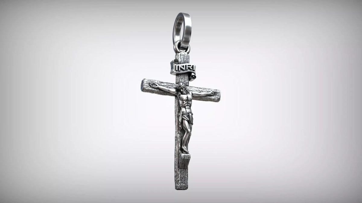 Jesus Crucifix Pendant | 999 Fine Silver 42mm Rustic Wood Style | Handmade USA
