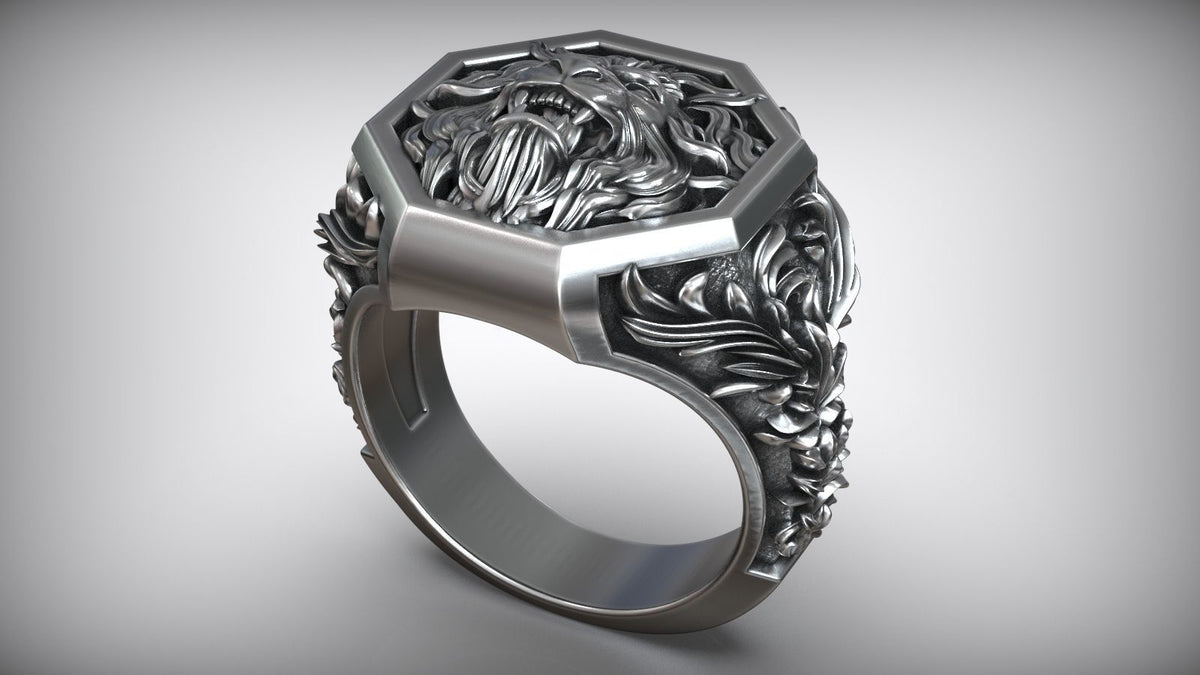 Lion Head Royal Baroque Signet Ring | 999 Fine Silver | Handmade USA