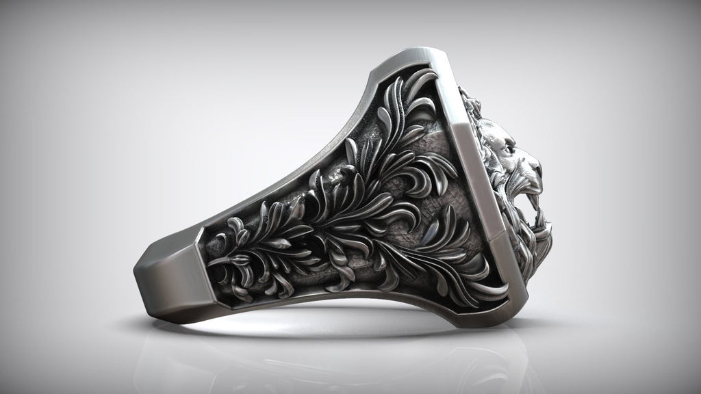Lion Head Royal Baroque Signet Ring | 999 Fine Silver | Handmade USA