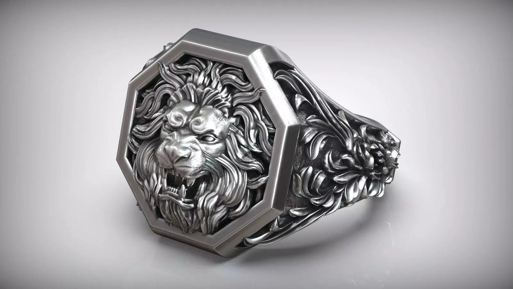Lion Head Royal Baroque Signet Ring | 999 Fine Silver | Handmade USA