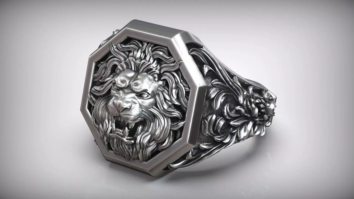 Lion Head Royal Baroque Signet Ring | 999 Fine Silver | Handmade USA