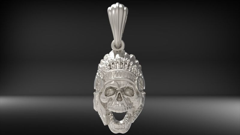 Skull with Headdress Pendant | 999 Fine Silver 34mm | Handmade USA