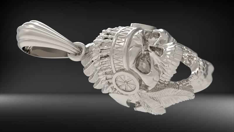 Skull with Headdress Pendant | 999 Fine Silver 34mm | Handmade USA