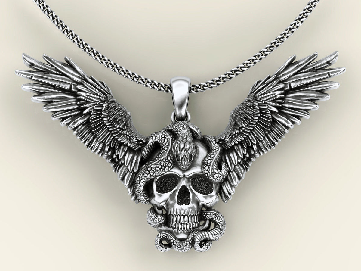 Winged Skull & Snake Pendant | 999 Fine Silver