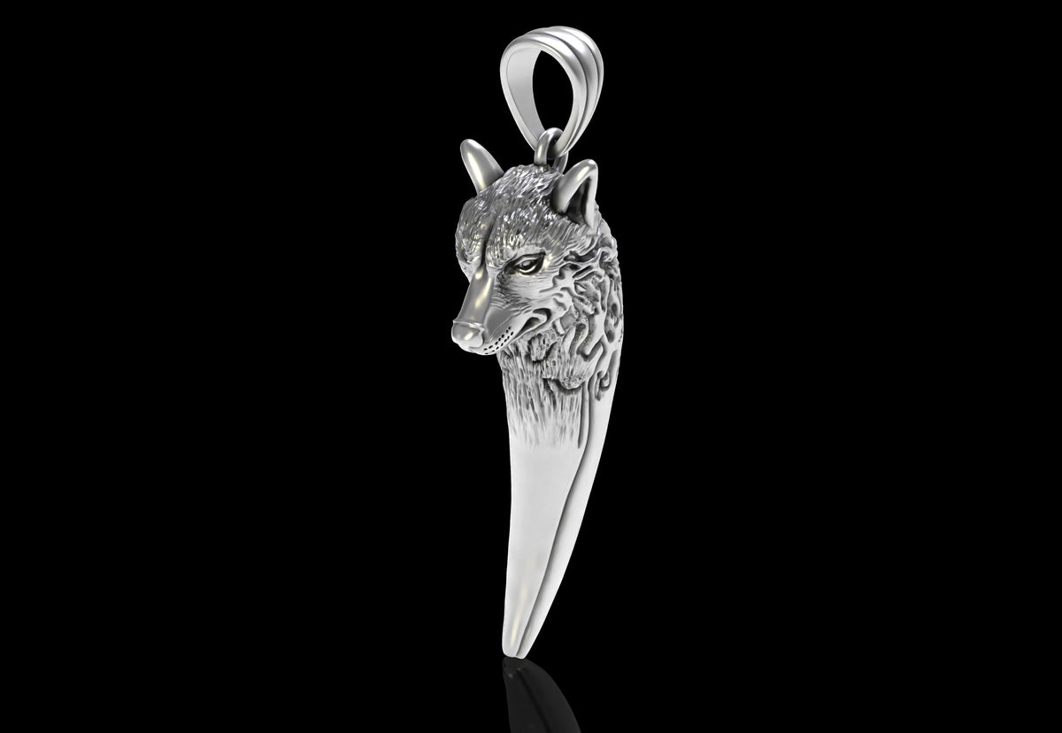 Wolf Head & Fang Pendant | 999 Fine Silver 32mm | Handmade USA