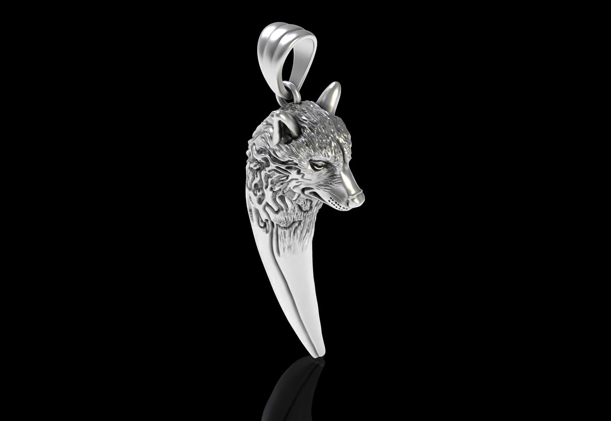 Wolf Head & Fang Pendant | 999 Fine Silver 32mm | Handmade USA