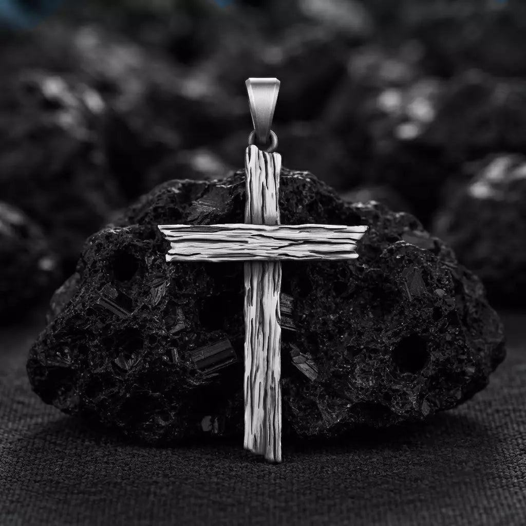 Rustic Distressed Wood Cross Pendant | 999 Fine Silver 33mm | Handmade USA