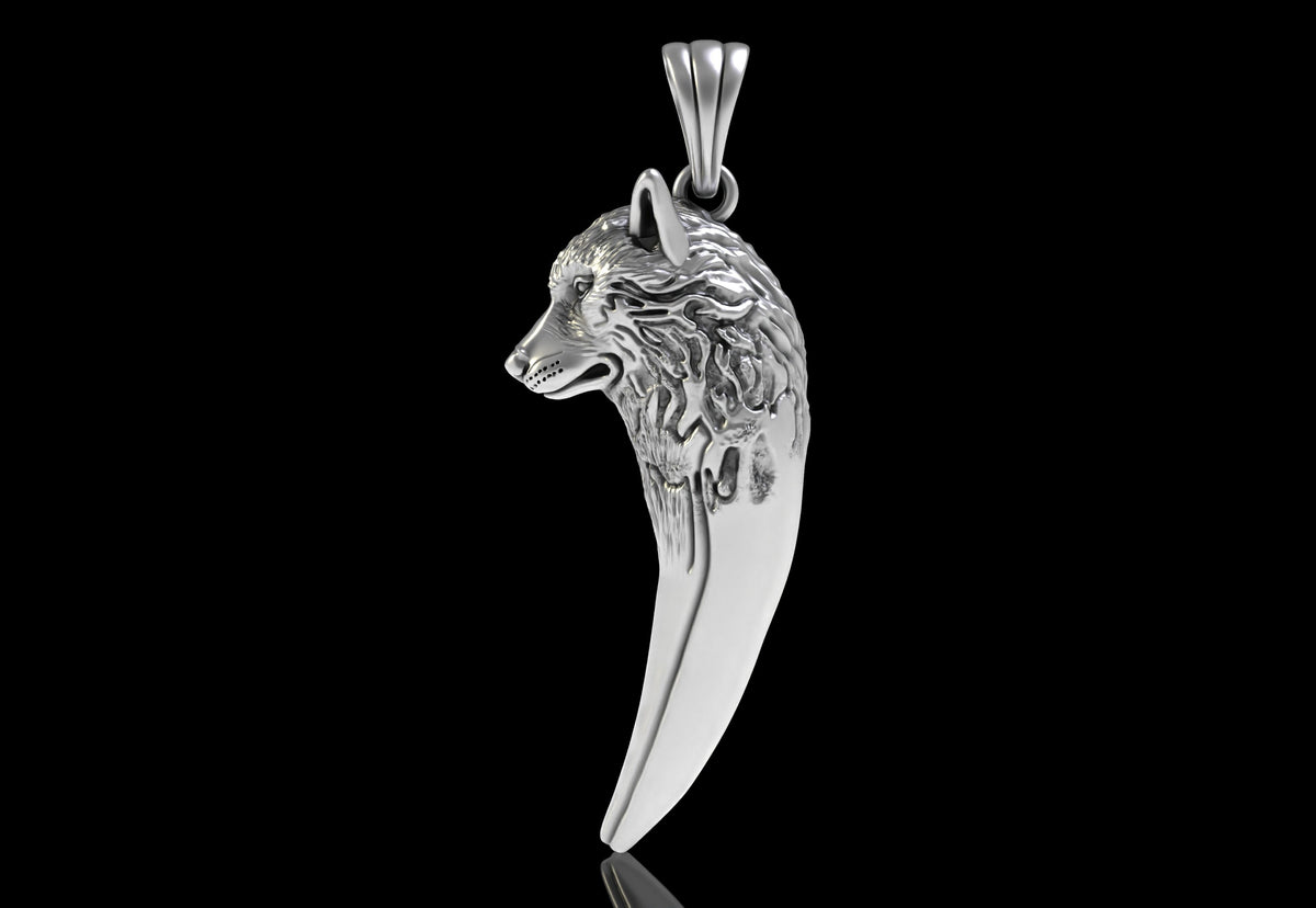Wolf Head & Fang Pendant | 999 Fine Silver 32mm | Handmade USA